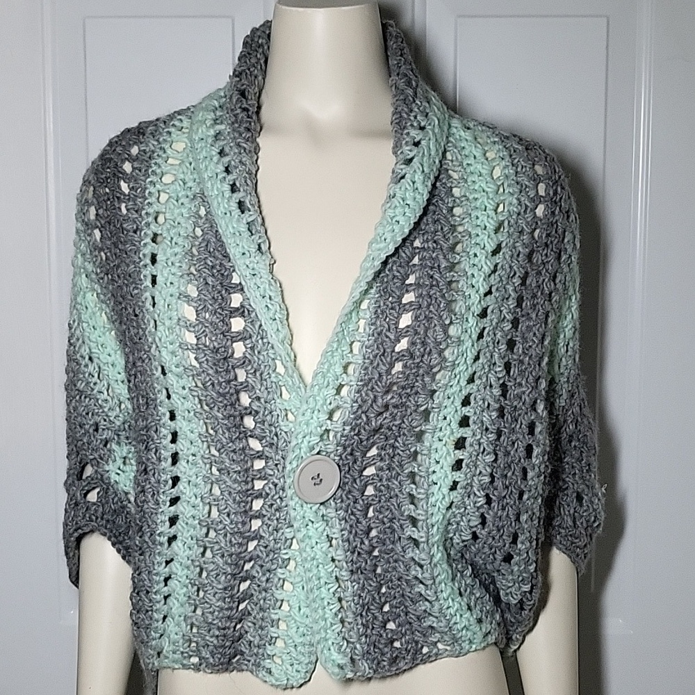 Turquoise and grey crochet shrug with button closure